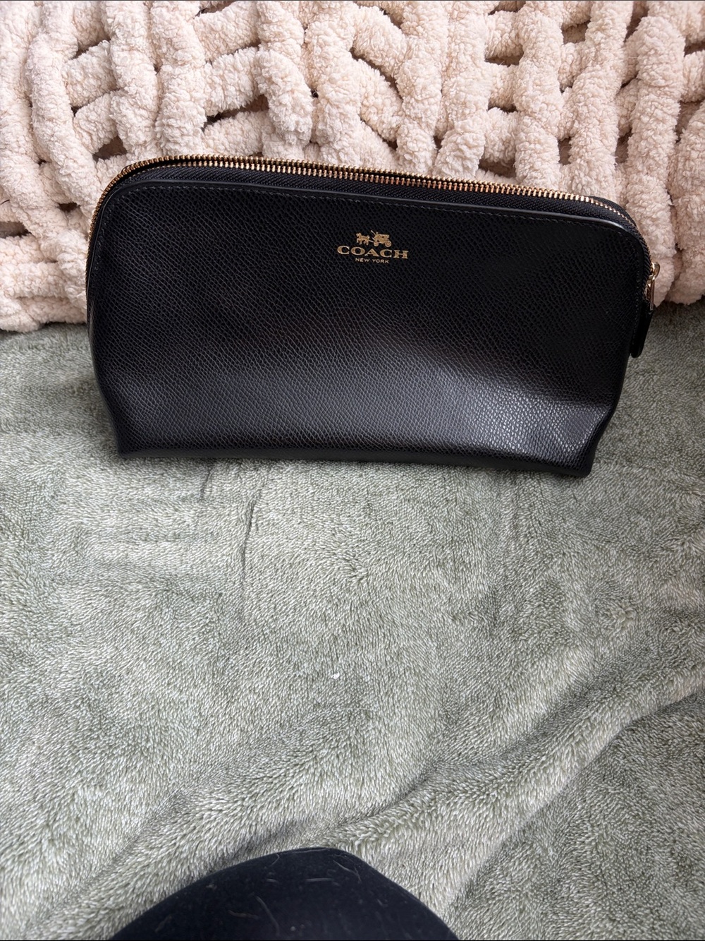 Coach Black Pebbled Leather Toiletry Pouch with Gold Logo